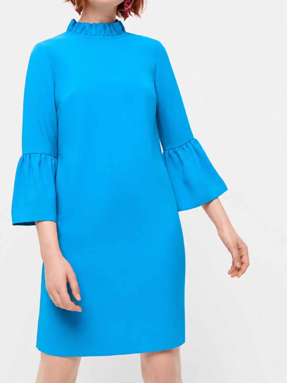 J. CREW Ruffle Neck Bell Sleeve Turquoise Blue Midi Shift Dress
